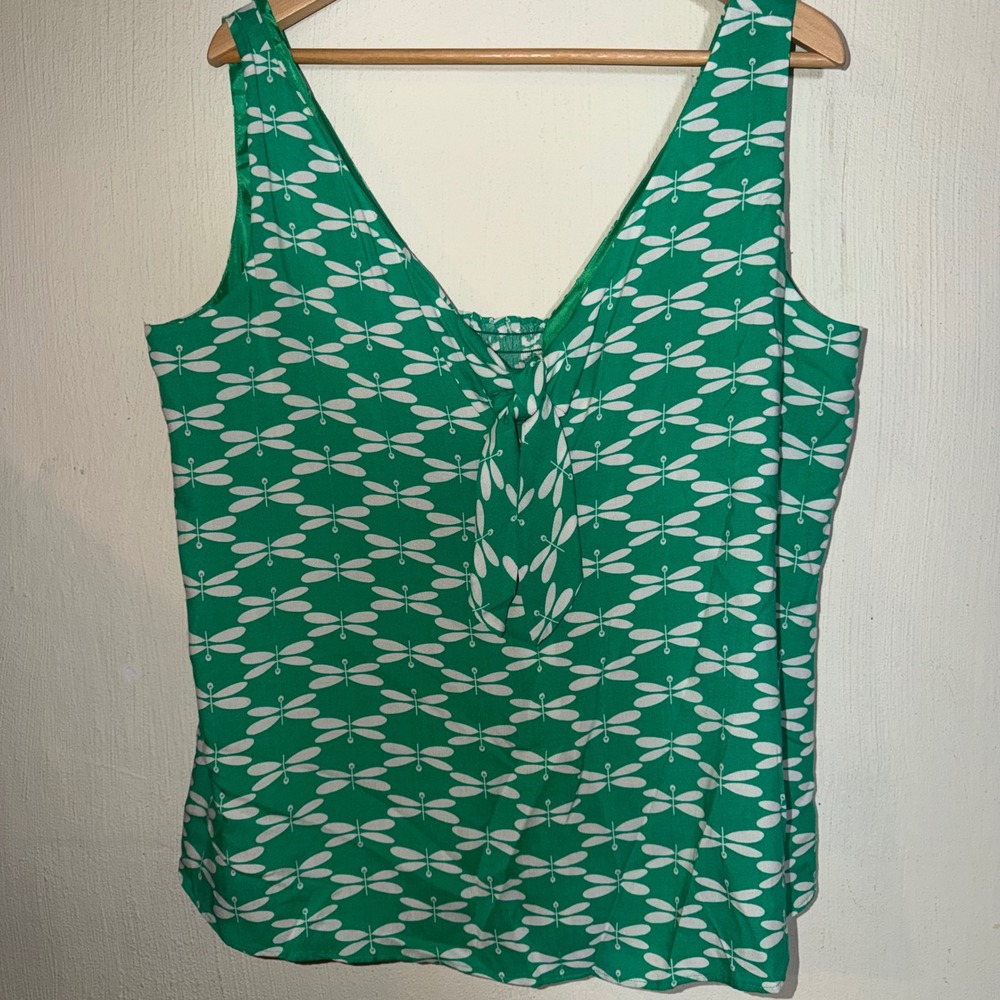Pappagallo Womens NWT Green White Dragonfly Tie Front V-Neck Tank Top Sz L